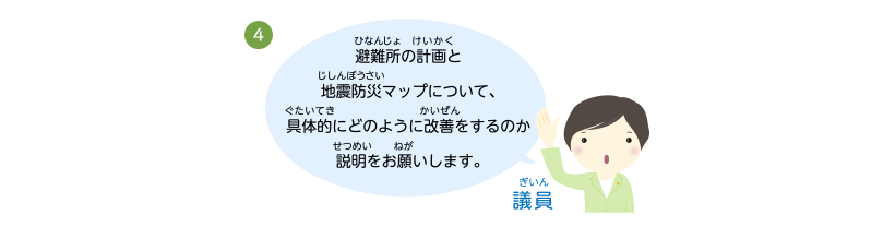 避難所の計画と地震防災マップについて、具体的にどのように改善をするのか説明をお願いします。