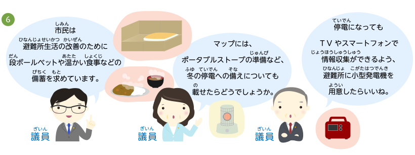 市民は避難所生活の改善のために段ボールベットや温かい食事などの備蓄を求めています。マップには、ポータブルストーブの準備など、冬の停電への備えについても載せたらどうでしょうか。停電になってもTVやスマートフォンで情報収集ができるよう、避難所に小型発電機を用意したらいいね。
