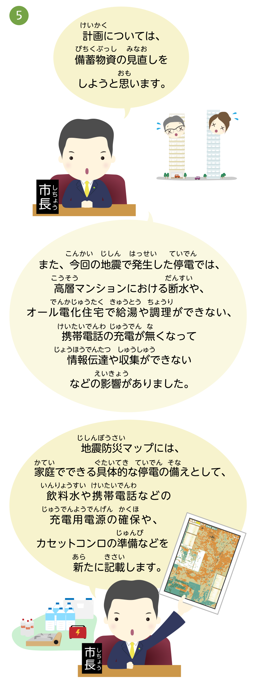 計画については、備蓄物資の見直しをしようと思います。また、今回の地震で発生した停電では、高層マンションにおける断水や、オール電化住宅で給湯や調理ができない、携帯電話の充電が無くなって情報伝達や収集ができないなどの影響がありました。地震防災マップには、家庭でできる具体的な停電の備えとして、飲料水や携帯電話などの充電用電源の確保や、カセットコンロの準備などを新たに記載します。