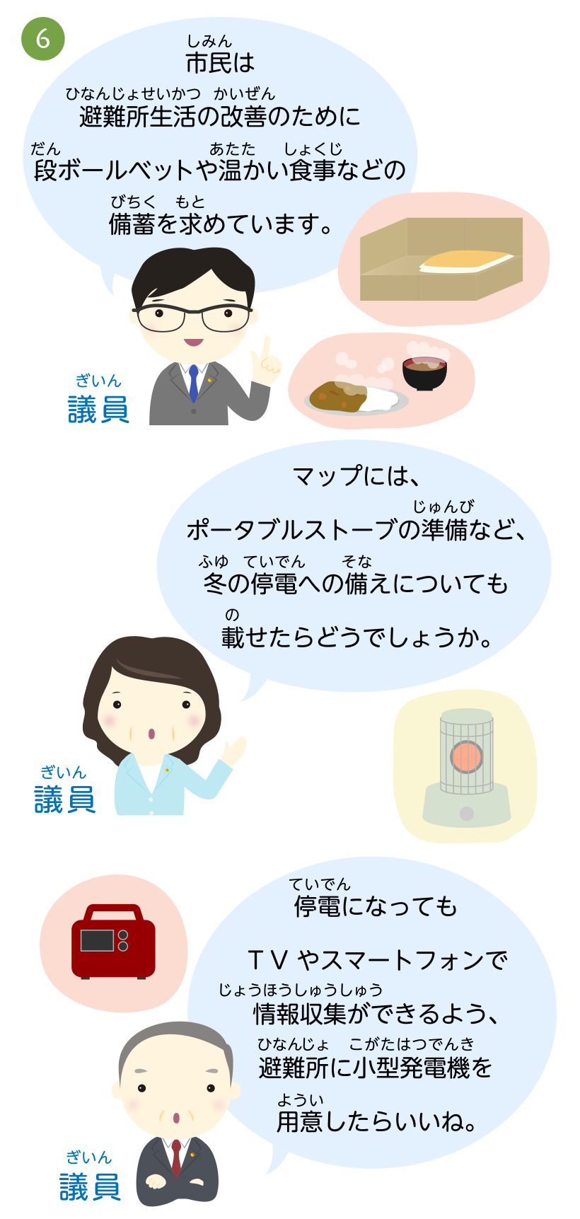 市民は避難所生活の改善のために段ボールベットや温かい食事などの備蓄を求めています。マップには、ポータブルストーブの準備など、冬の停電への備えについても載せたらどうでしょうか。停電になってもTVやスマートフォンで情報収集ができるよう、避難所に小型発電機を用意したらいいね。